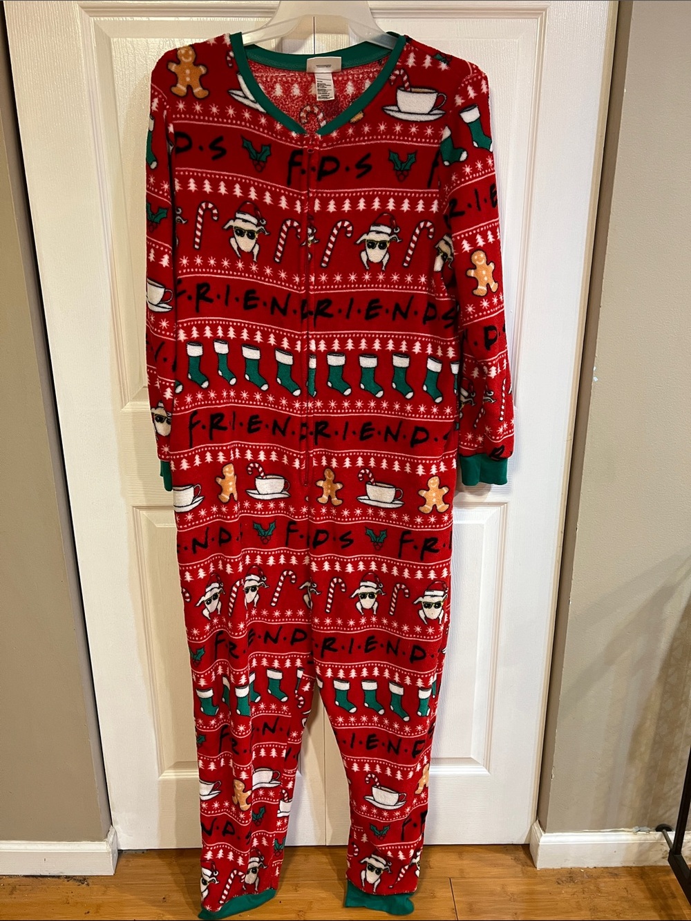 FRIENDS Red Holiday One-Piece Pajama with Green Trim